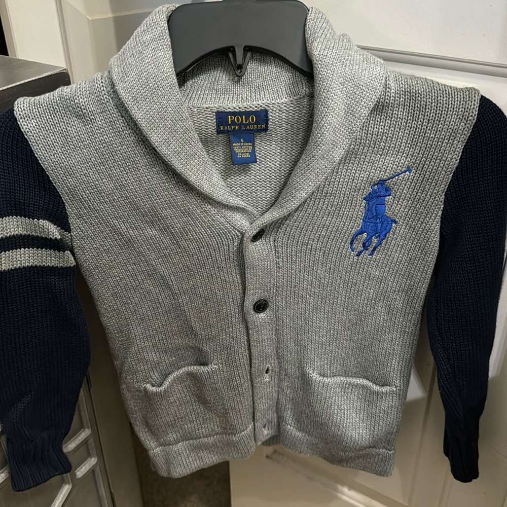 Boys Polo Ralph Lauren cardigan. Grey and blue in color, size 5.